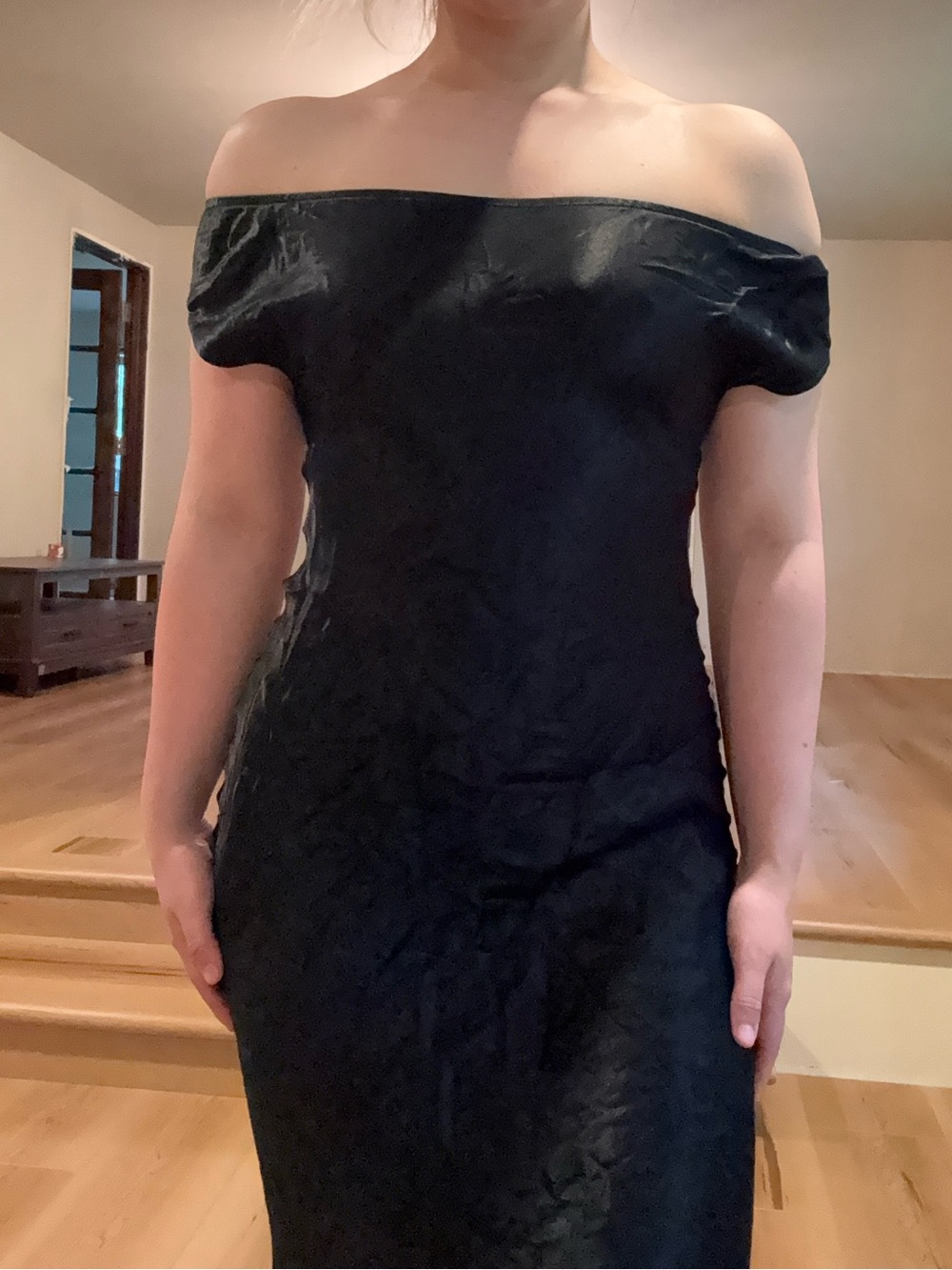 ASOS black formal off shoulder satin maxi dress size small/ XS - Picture 3 of 4